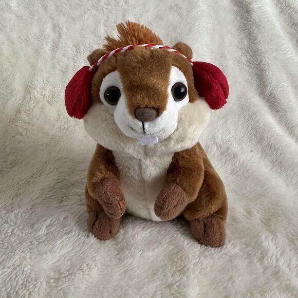 Frankford Winter Chipmunk Squirrel 6” Plush Holiday Earmuffs Ribbon Stuffed Toy - Picture 1 of 5